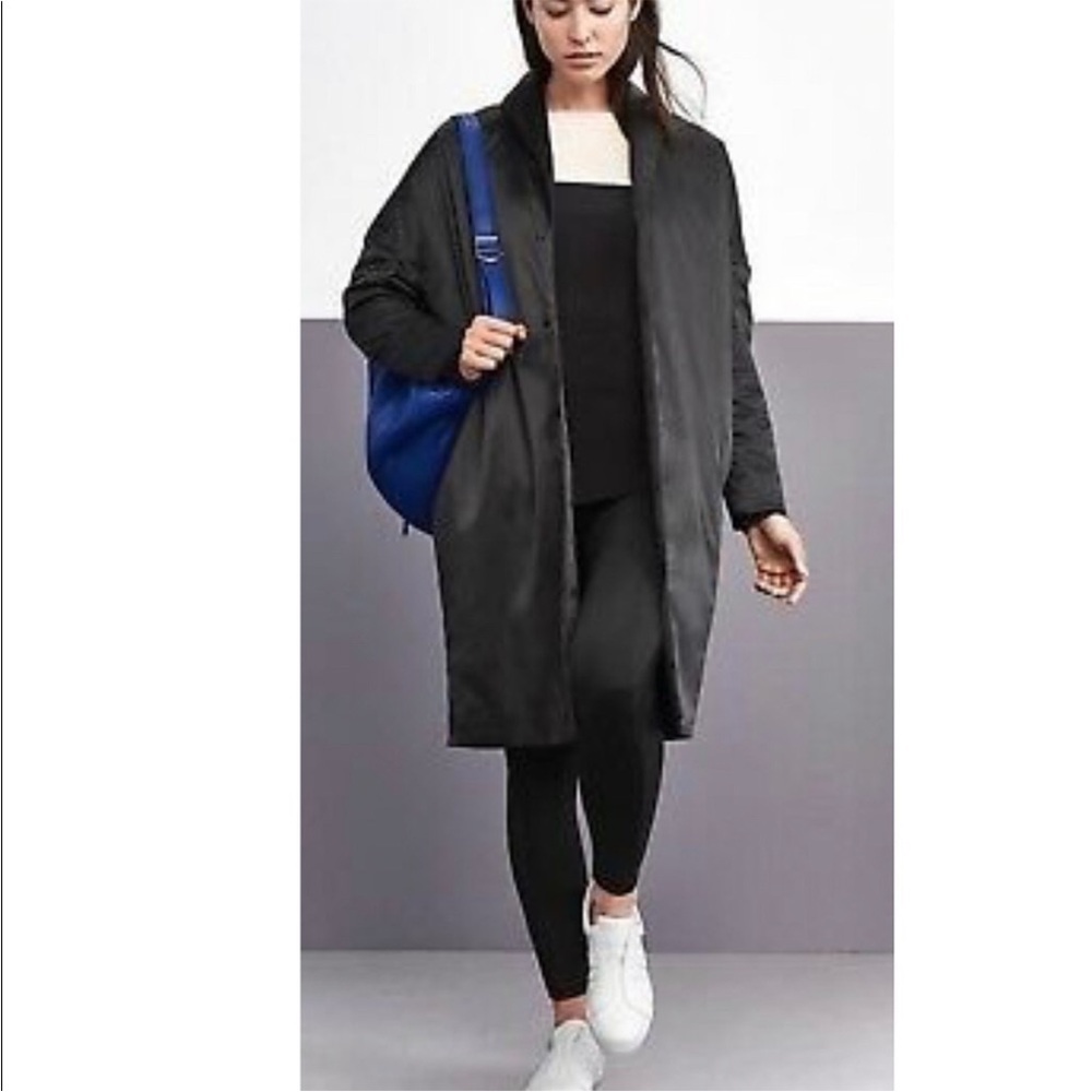 Derek Lam 10C Athleta Uptown Satin Oversized Long Snap Coat Black Size Medium